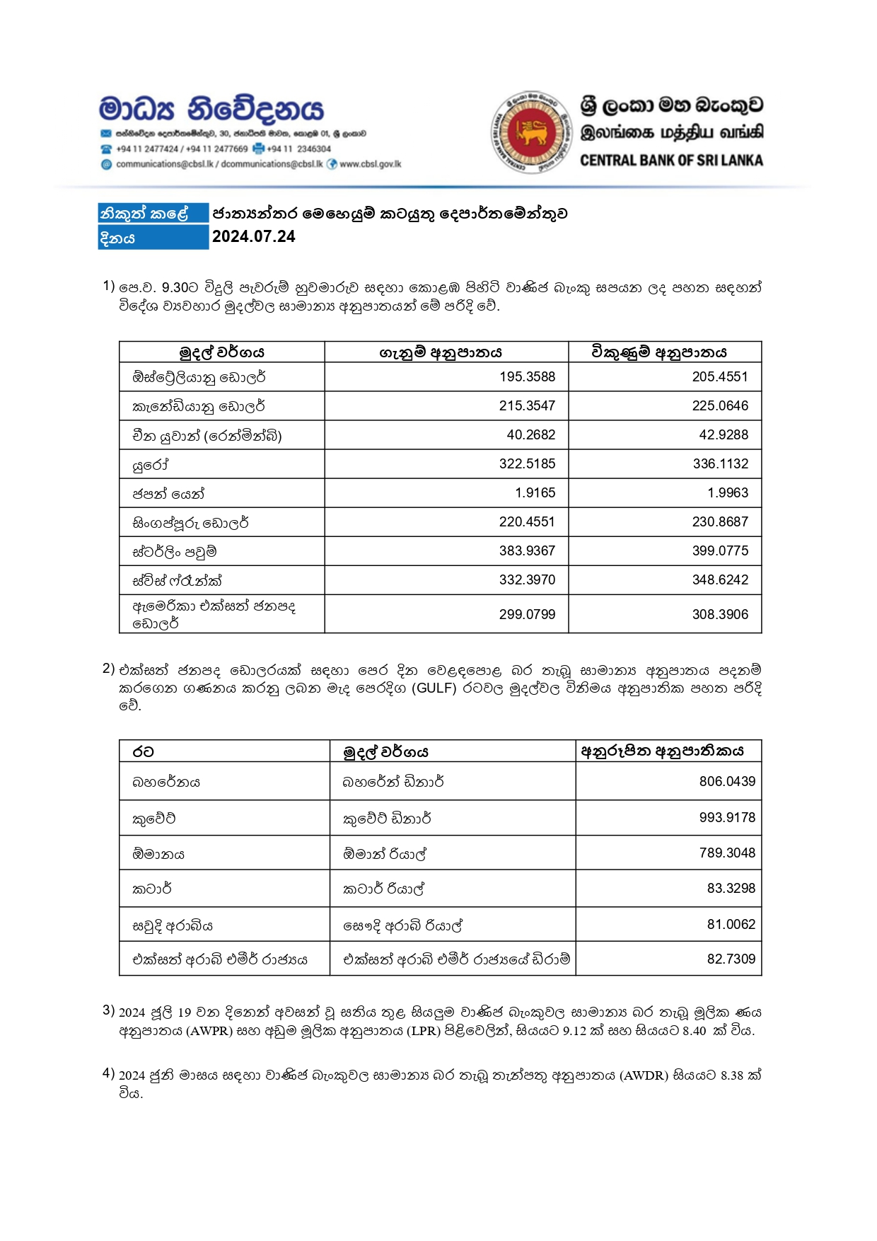 TT Rates as at 24 07 2024 Sinhala page 0001