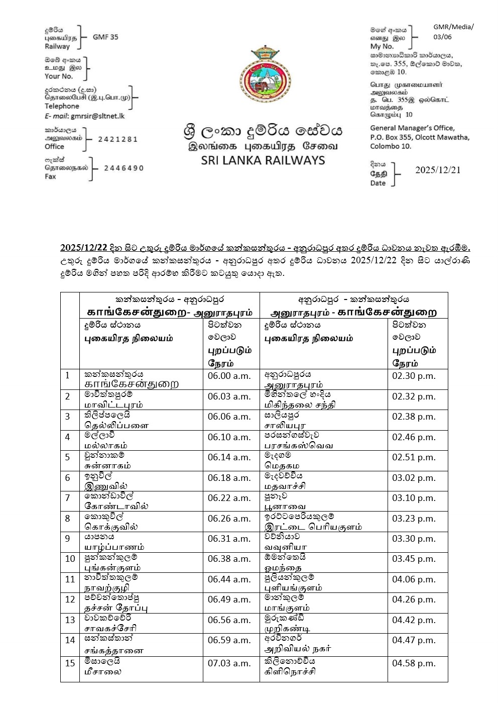 Train Shedulle Jafna Anuradhapura 1